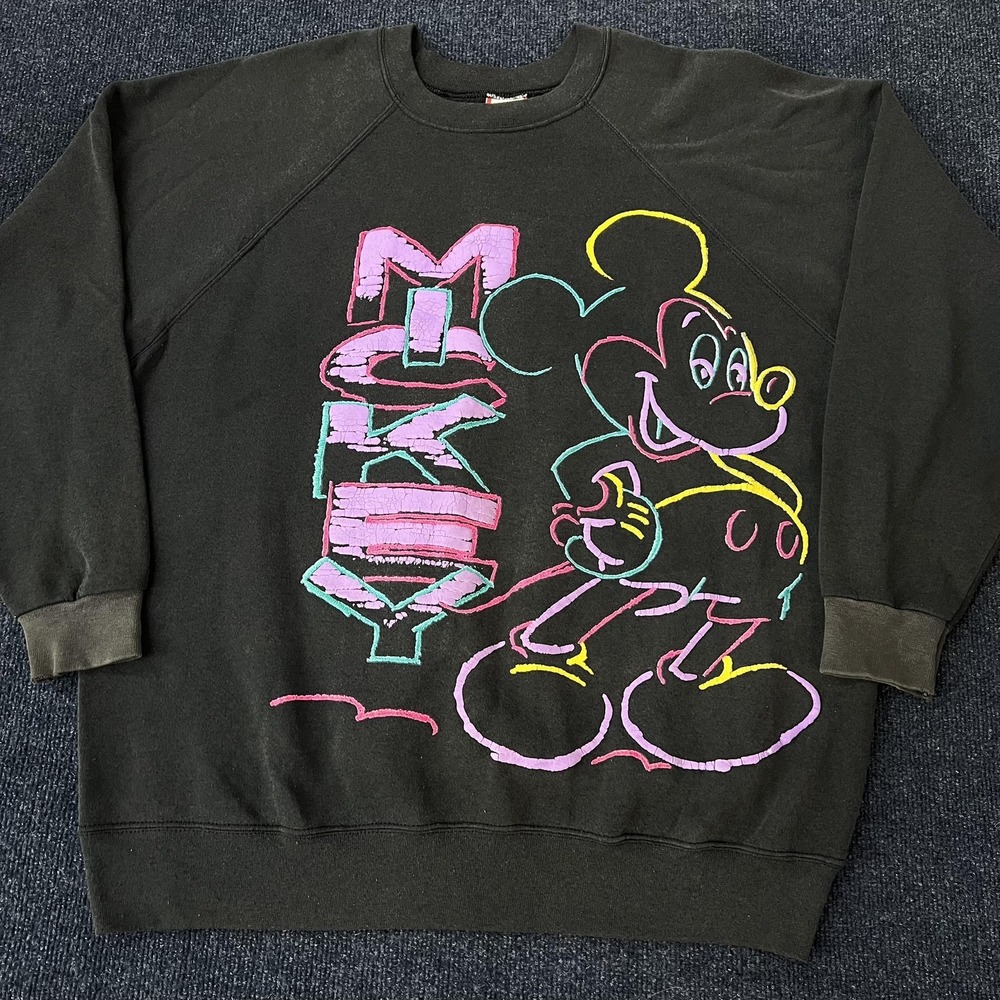 Vintage 90s Disney Mickey Mouse Sweatshirt Mens XL Black Crewneck Neon Graphic